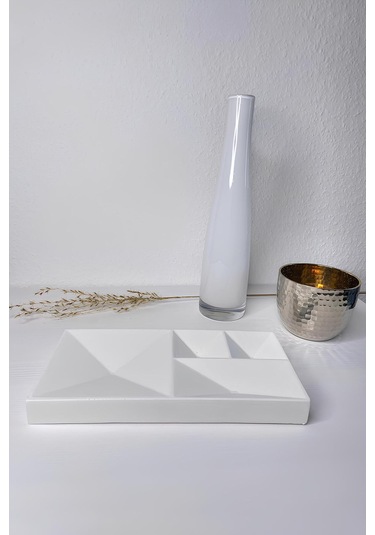 Beton Geometrik Takı Organizer Yüzük, Kolye, Küpe Ve Saat Düzenleyici Dekoratif Tepsi Beyaz