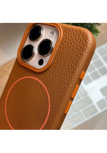 Apple Uyumlu iPhone 15 Plus Beats Magsafe Deri Görünümlü Silikon Kılıf Kapak Turuncu