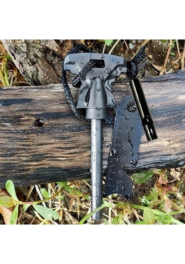 Ollevra Acil Durum Magnezyum Çubuk Çakmaktaşı Hayatta Kalma Ateş Başlatıcı Çakmak Kiti Düdük Hediyel Siyah