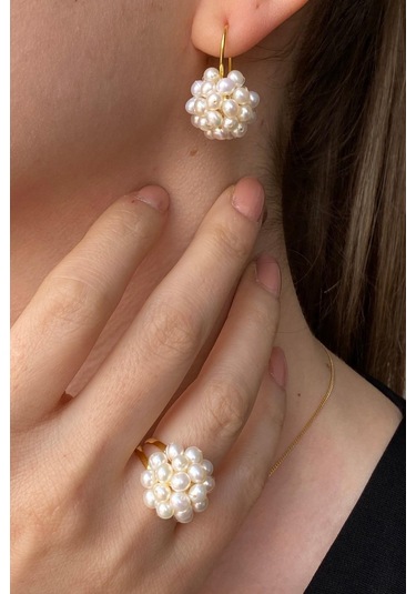 Kadın Prenses Model Doğal İnci Küpe Kolye Yüzük Üçlü Set 9 / Sarı Gümüş