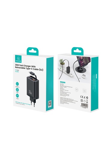 Usams Cc296 30w Hızlı Şarj Cihazı Ab Tak Telefon Adaptörü, Tip-c Geri Çekilebilir Kablo Beyaz