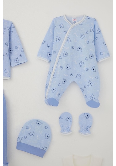 Breeze Erkek Bebek Hastane Çıkışı 8 Li Sevimli Ayıcık Figürlü Yıldız Desenli 0-3 Ay, Mavi Mavi