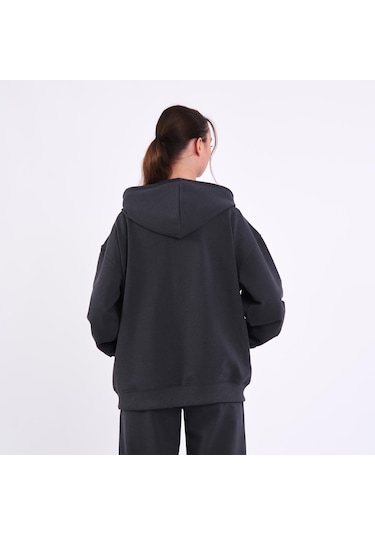 MMetalic Antrasit Kanguru Cepli Kapüşonlu Fermuarlı Oversize Kadın Sweatshirt Antrasit
