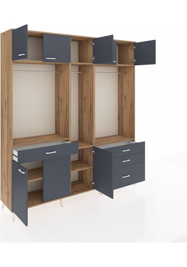 Hyperion Dolap 8 Raflı 4 Çekmeceli 3 Askılı 220x44x243 Çam-antrasit/antrasit Antrasıt/antrasıt