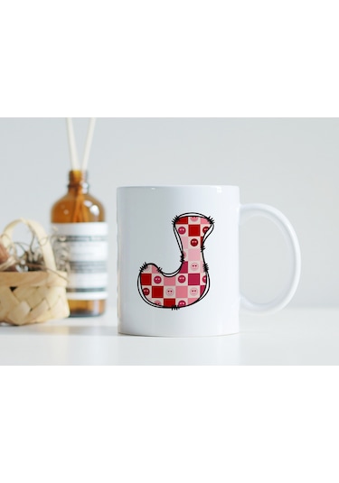 J Harfi Pembe Kareli Kalpli Göz Emojili Kupa Bardak Eğlenceli Kareli Tasarım Kahve Çay Kupası 07 Beyaz