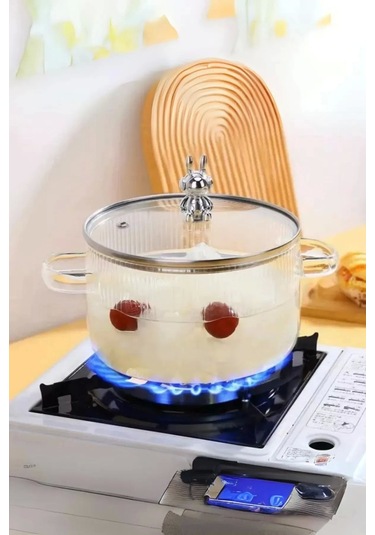 Madamev Cam Tencere Ayıcık Figürlü Minimalist Borosilikat Isıya Dayanıklı Ocaküstü Tencere 1500ml Şeffaf Çizgili