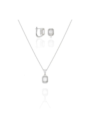 Gümüş Baget Taşlı Klipsli Küpe Ve Kolye Ucu Set-381