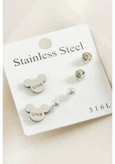 6 Adet Ayıcık Taşlı Çelik Küpe 0423 Gümüş