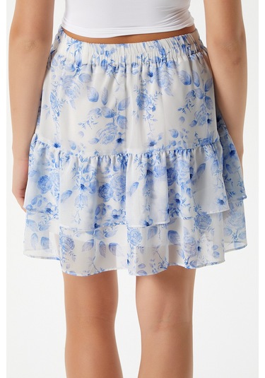 Kadın Juliet Mavi Çiçekli Astarlı Volanlı Mini Şifon Dokuma Etek