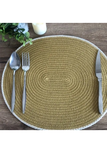 Uretti - Fatma 7987 - El Yapımı Hardal Renk Doğal Pamuk İp 6'lı Supla Takımı - 33 X 40 Cm Hardal