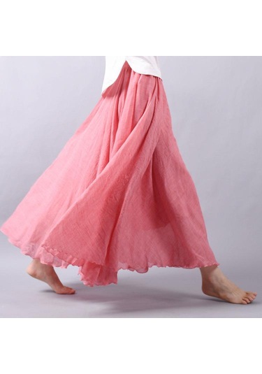 Kadın Zarif Yüksek Bel Keten Maxi Etek Yaz Bayanlar Rahat Elastik Bel 2 Katmanlar Etekler Saia Feminina Mavi