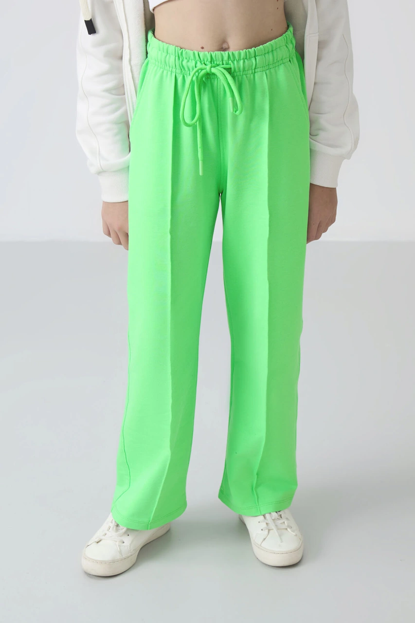 Neon Yeşil Cepli Ön Dikiş Detaylı Geniş Paça Kız Çocuk Eşofman Altı -75144 Neon Yeşil