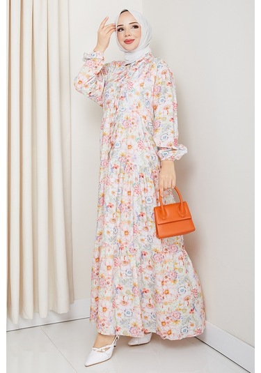 Elera Desenli Yarasa Kol Tesettür Elbise 1572 - Pembe Pembe