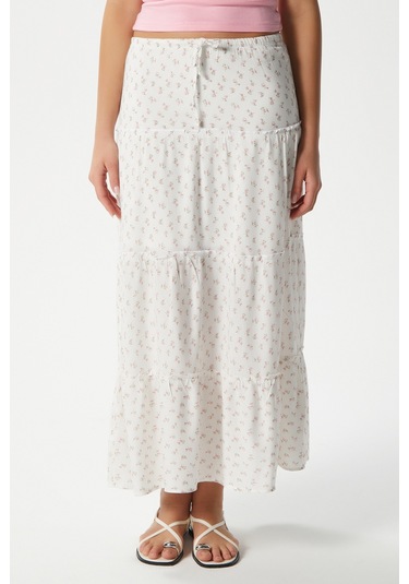 Kadın Rebekka Çiçekli Pudra Astarlı Uzun Etek Beyazpudra Beyaz - Pudra