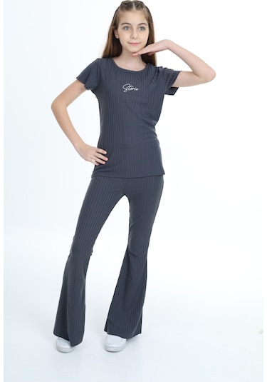 Toontoy Kız Çocuk Storie Nakışlı Eşofman Takım Füme