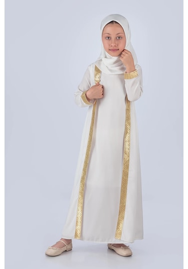Eşarplı Ferace Medine İpek Kumaş Kız Çocuk Beyaz