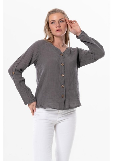 Uzun Kol Sedef Yazlık Müslin Gömlek Gri Gri-gri Gri