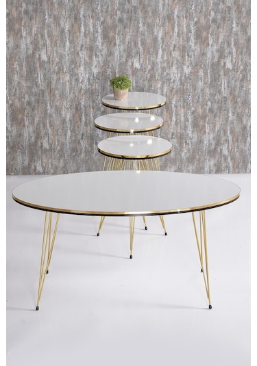 Zigon Sehpa Ve Orta Sehpa Elips Set Çift Gold Beyaz Tel Ayak