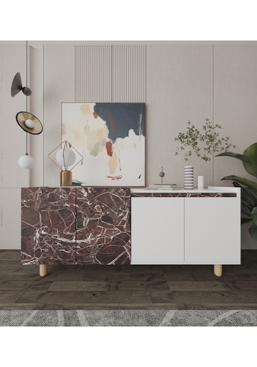 Ravenna Modern Konsol 180 Cm Mermer Desen - Beyaz Bordo- Beyaz
