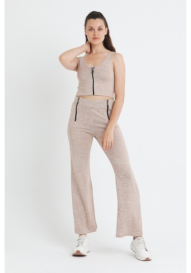 Polo State Kadın Fermuarlı Crop Kum Rengi