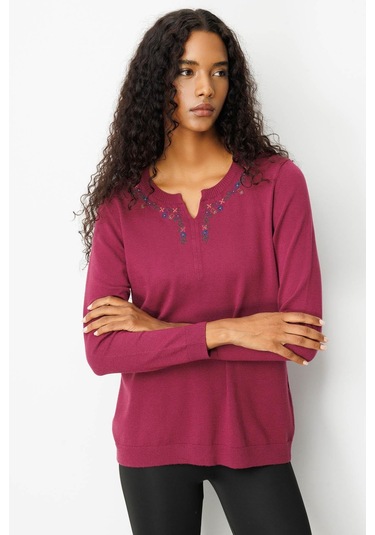 Desen Triko Kadın Sıfır Yaka Yakası Çiçek Nakış İşlemeli Bluz 25094 Mürdüm Mürdüm