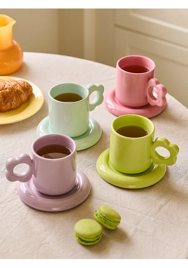 Roomi Seramik Çay Takımı 325 Ml, Kup Ve Halka Desenli Fincan Takımı 458193317 Pembe