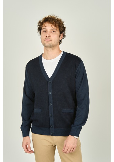 Ateş Triko Erkek Cep Detaylı V Yaka Yün Hırka 4490 Indigo Indigo İndigo