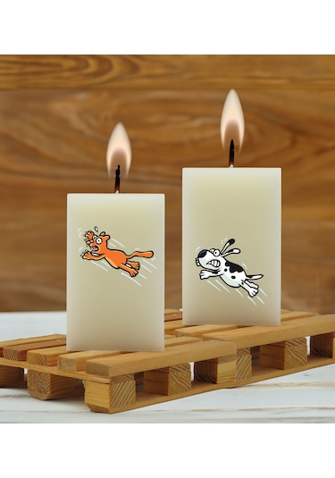 Bk Gift Eğlenceli Kedi Tasarımlı 2 Li Dtf Dikdörtgen Blok Mum Seti-2, Sevgiliye Hediye, Doğum Günü Hediyesi, Ev Hediyesi