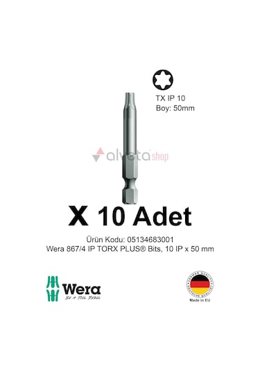 Alveta Wera 867/4 Ip Torx Plus 10ıp X 50mm Tornavida Ucu 10 Adet Vidalama Bits Seti Uzun Seri