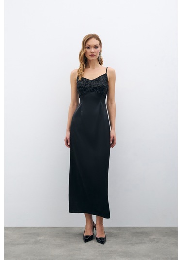Sateen Payet Detaylı Saten Elbise - Siyah-135686 Siyah