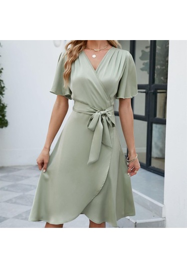 Hnxc Kadın Moda Yaz Bahar Düz Renk Baskı Kısa Kollu V Yaka Yüksek Bel Günlük Elbiseler Yeşil