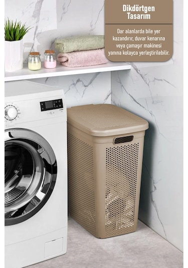 İronika Slim İki Bölmeli Kapaklı Dekoratif Kirli Çamaşır Sepeti 90 Litre Kahve - Beyaz Kahve