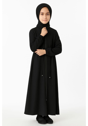 Medine İpeği Beli Lastikli Bağcıklı Çocuk Ferace Siyah Siyah