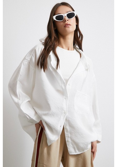 Oversize Cepli Modal Gömlek Beyaz Beyaz