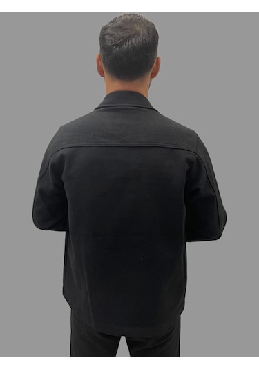 Erkek Cep Detaylı Kışlık Siyah Kaşe Gömlek Siyah