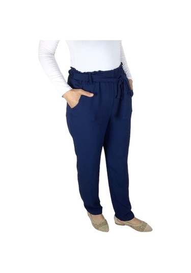 Kadın Beli Lastikli Kuşaklı Cepli Dar Paça Ayrobin Pantolon Lacivert