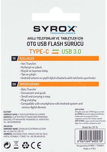 Syrox DT13 Type-C Otg Usb To Type-C Çevirici Dönüştürücü