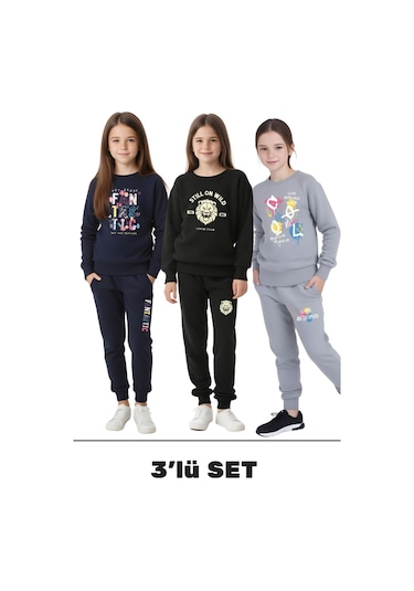 Fyk Kids 3'lü Kız Çocuk Yuvarlak Yaka Baskı Detaylı Eşofman Takımı Çok Renkli