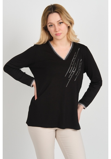 Detay Triko Kadın V Yaka Taş İşlemeli Uzun Kol Anne Bluz 5751 Siyah Siyah