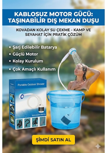 Taşınabilir Şarjlı Seyyar Duş Seti Pompa - Hortum - Duş Başlığı Renkli