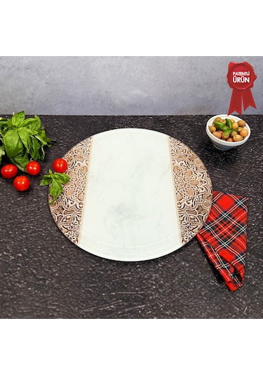 Kanallı Cam Kesme Tahtası - Arabesk Desen - Çap32cm-patentli Ürün