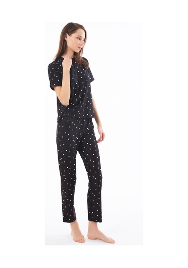 Premium Kadın Pijama Takımı Siyah Kalp Desenli Yumuşak Dokulu Kısa Kollu Bisiklet Yaka Siyah