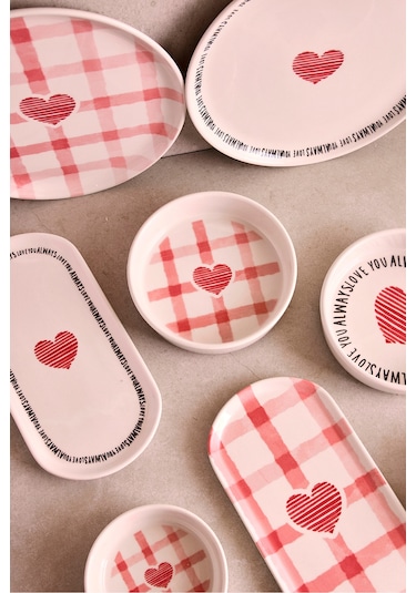 Hearts 14 Parça 6 Kişilik Kalpli Seramik Stackable Kahvaltı Seti Sunum Tabağı Cokrenklı Pembe