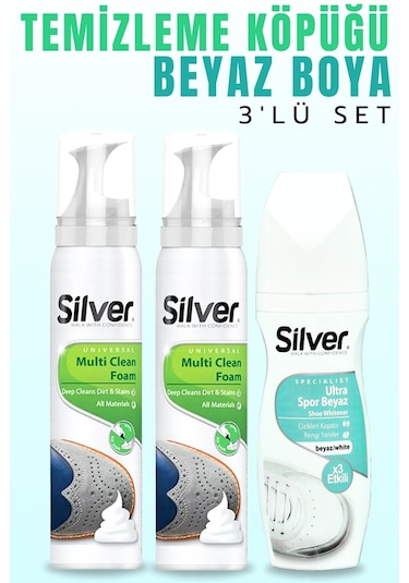 Silver Spor Ayakkabı Temizleme Köpüğü 2 x 125 ML + Beyaz Spor Deri Bez ve Kumaş Ayakkabı Boyası 75 ML