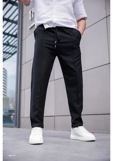 Erkek Siyah Renk Esnek Likralı Fermuar Detaylı Jogger Pantolon-1746 Siyah