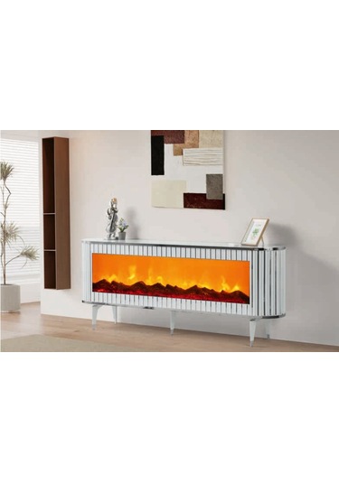 Bera Marmo - Gümüş Şömineli Gamze Tv Sehpası Beyaz - Gümüş