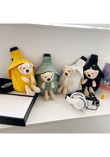 Çocuk Kış Messenger Çanta Sevimli Ayı Tasarım Kanvas Banliyö Çantası Küçük Boy Beyaz