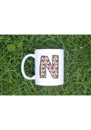 N Harfi Aşk Temalı Kupa - Kalp Desenli Kişiye Özel Romantik Sevgililer Günü Kahve Kupası Beyaz