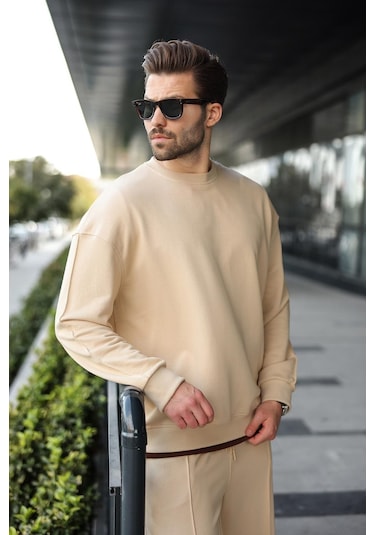 Madmext Bej Bisiklet Yaka Basic Erkek Eşofman Takımı E7323 Bej