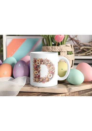 D Harfi Çiçek Desenli Kupa Bardak - Alfabe Harfleri İle Doğal Çiçekli Kupa - Hediye Fikir Beyaz